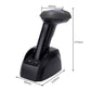Black 1D barcode scanner on stand with product size diagram