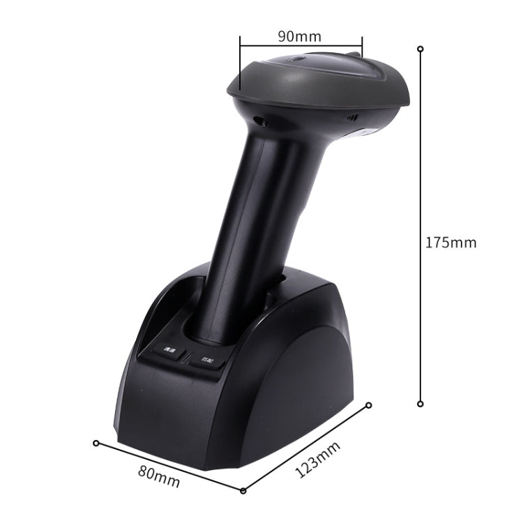 Black 1D barcode scanner on stand with product size diagram