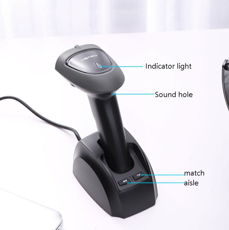 Black barcode scanner showing indicator light and sound hole on top
