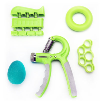 Green spring finger exerciser set with rings, gripper, foam pad and finger holes tool