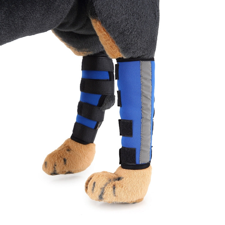Dog knee pads in blue with black straps and gray side edging