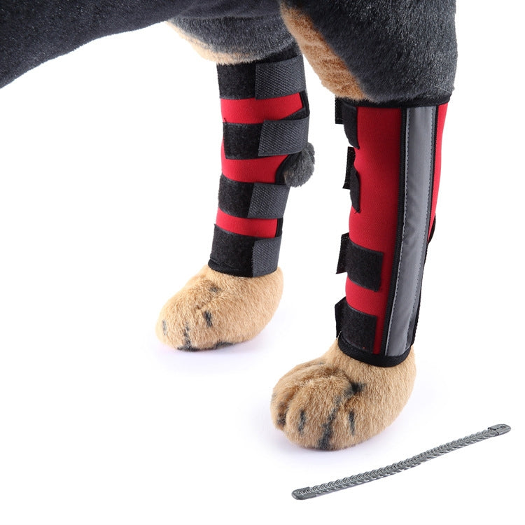 Dog knee pads in red with black straps plus extra fastening strap
