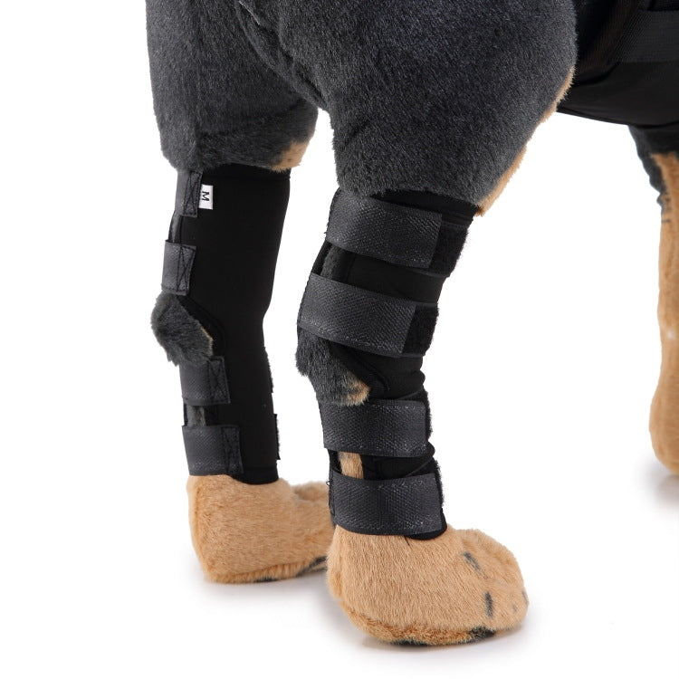Dog knee pads, black leg braces with wide straps on plush paws