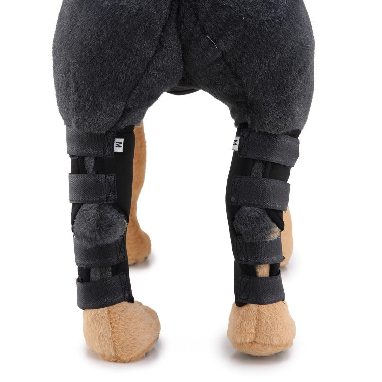 Dog leg guards, black padded braces with hook-and-loop straps for hind legs