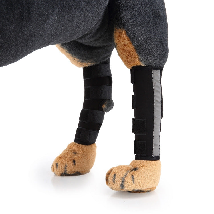 Dog knee pads, black padded braces with grey side strip and hook-and-loop straps