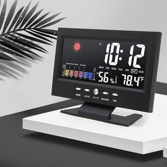 Black LED weather forecast clock with color display showing time 08:12