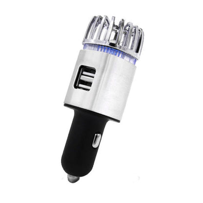 Car negative ion air purifier with USB charging port, silver top and black base