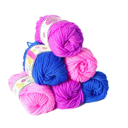 Colorful knitting wool yarn balls bundle in pink and blue with patterned labels