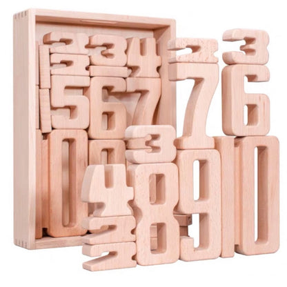 Wooden number building blocks set with tray and assorted digit pieces, light natural color