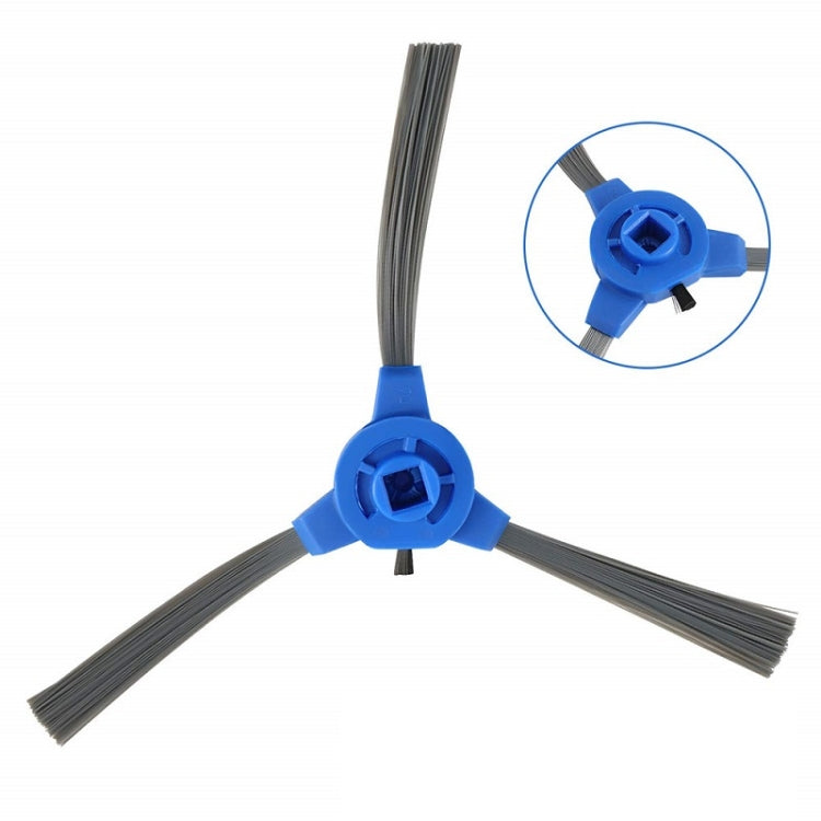 Three-way side brush for robot vacuum with blue connector and gray bristles