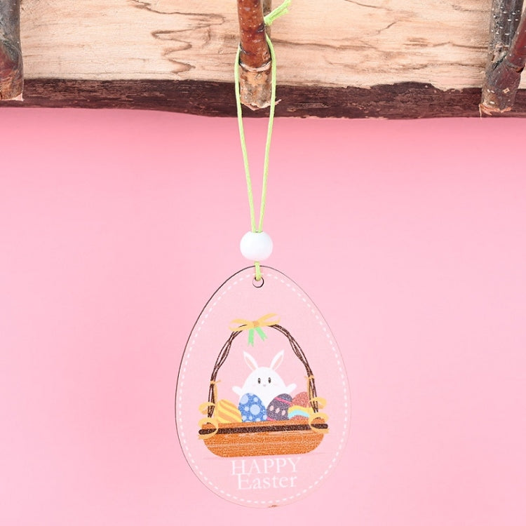 Easter wooden oval pendant with rabbit in a basket and 'Happy Easter' text