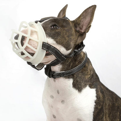Fluorescent dog muzzle cover with white plastic basket and black adjustable straps