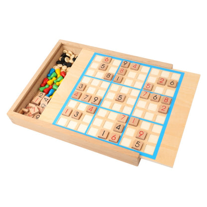 Wooden 5-in-1 puzzle game board with blue grid and numbered blocks, loose piece tray
