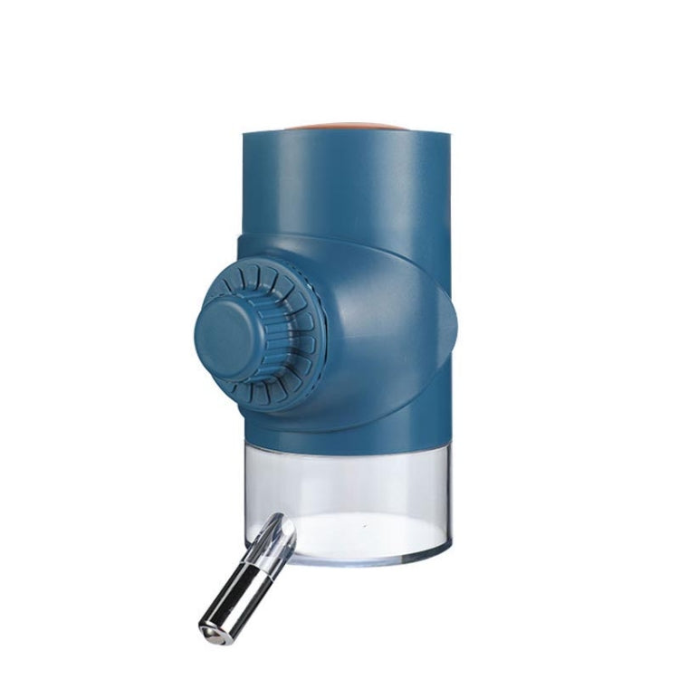 Hanging dog ball waterer with blue top, clear reservoir, and metal drinking valve