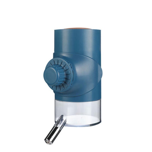 Hanging dog ball waterer with blue top, clear reservoir, and metal drinking valve