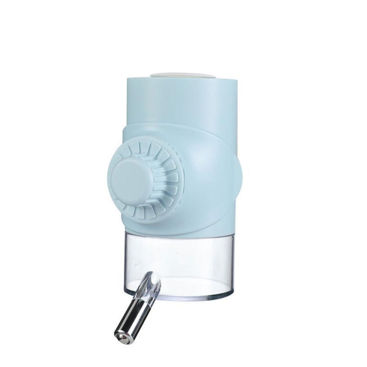 Light blue hanging dog ball waterer with clear reservoir and metal drinking valve