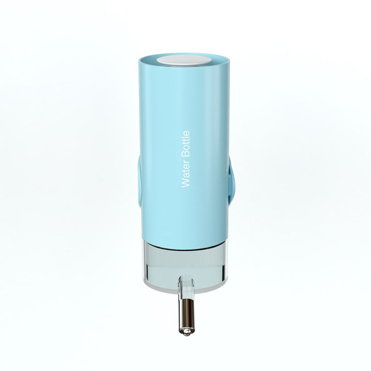 Light blue hanging pet water bottle with refill cap and stainless drink spout