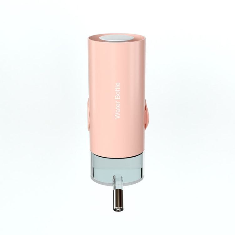 Pink hanging pet water bottle with refill cap and stainless drink spout
