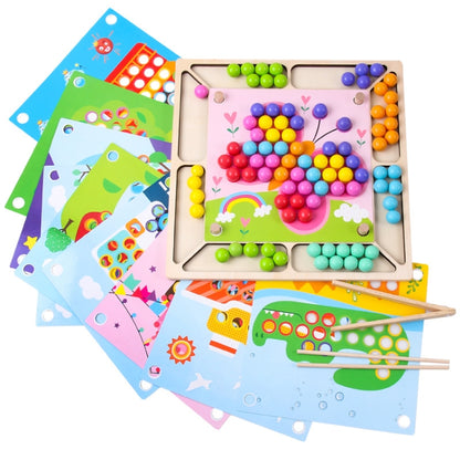 Wooden bead board set with colorful clip beads and matching chopsticks for matching play