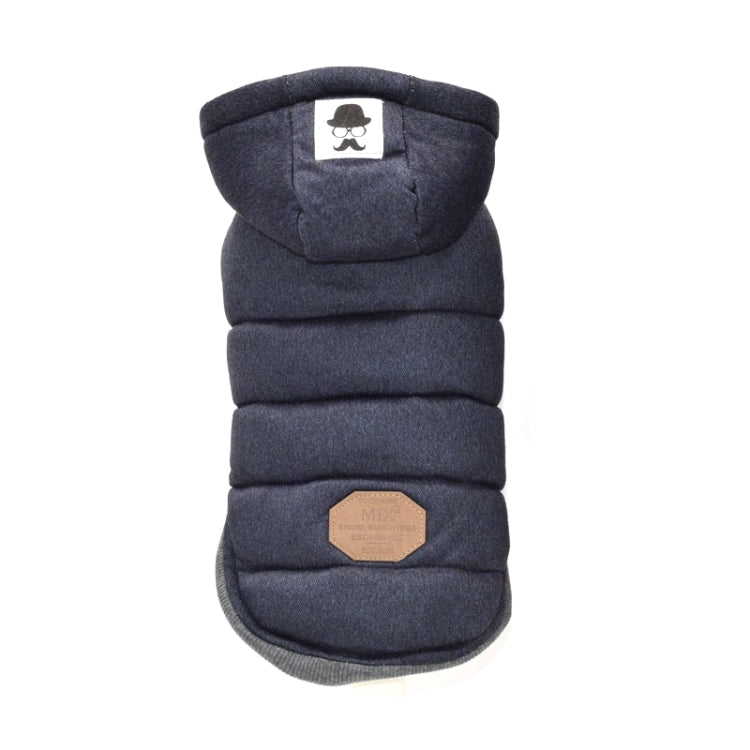 Pet padded dog coat, dark navy, back view with hood and round chest patch