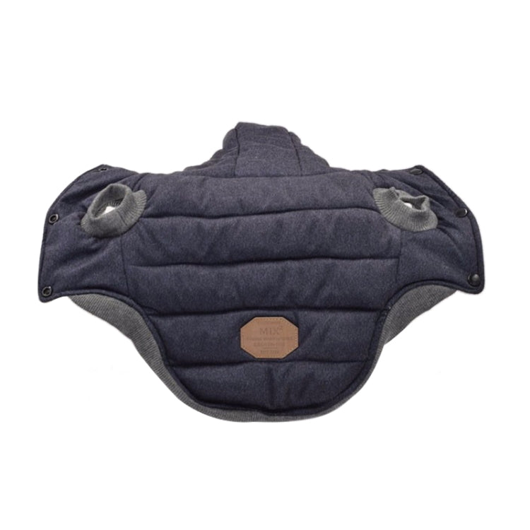Pet padded dog coat, dark navy, side view with hood and front snap details