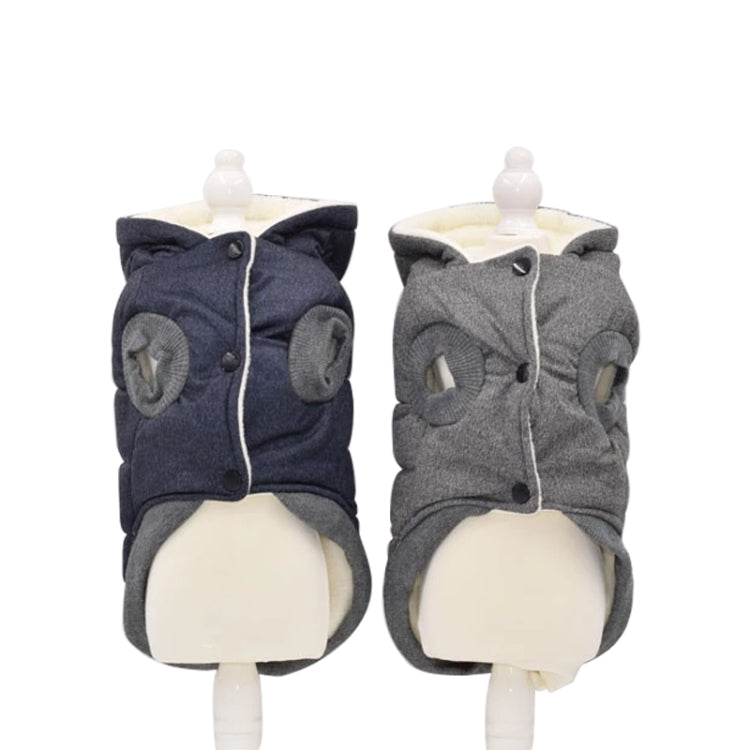 Pet padded dog coat front view, dark navy and gray color options with zipper