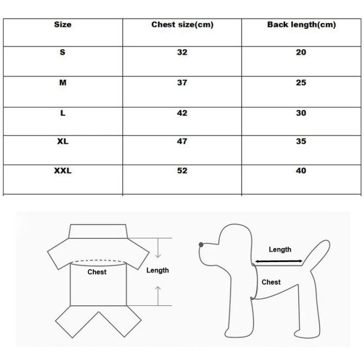 Pet coat size chart with chest size (cm) and back length (cm) for S to XXL