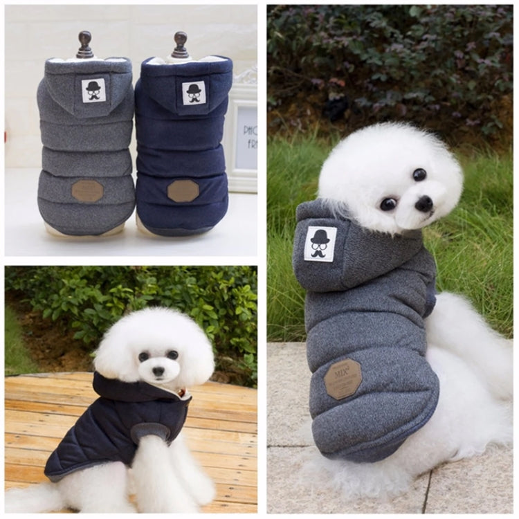 Pet padded dog coats in gray and dark navy, plus dog wearing the dark navy coat