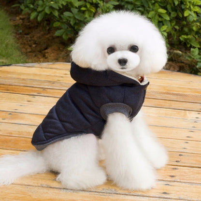 Pet winter padded coat in dark navy with hood and snug high collar for small dogs
