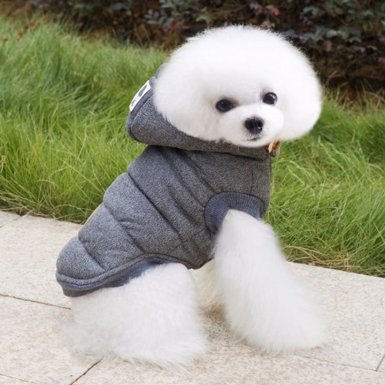 Grey padded pet winter coat with hood and belly strap for small dogs