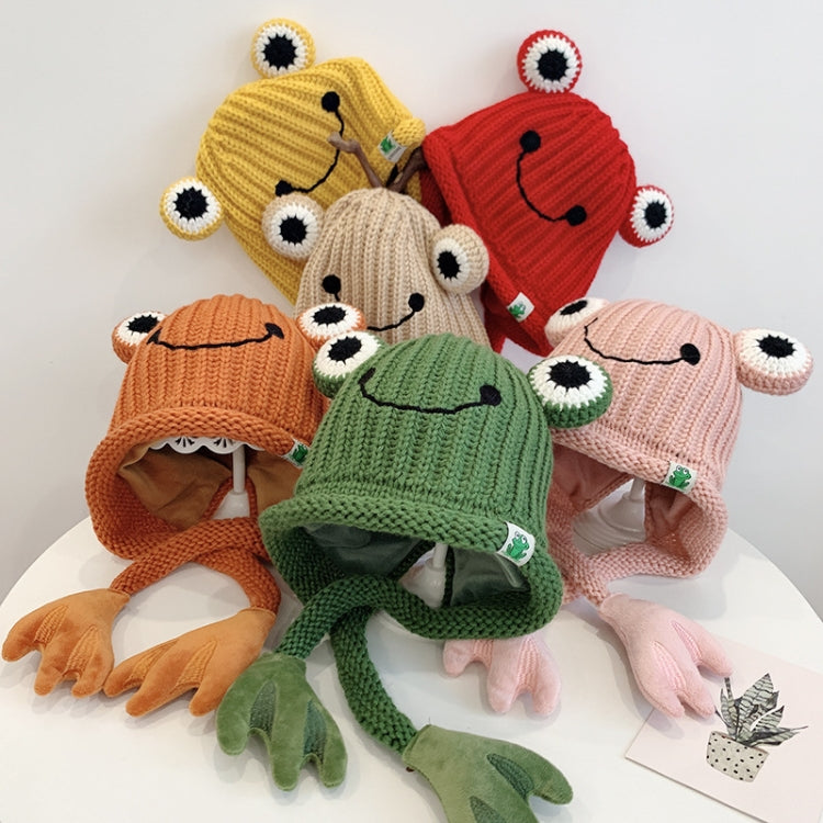 Set of knitted animal frog hats in multiple colors, each with smile face and big round eyes