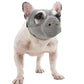 Dog mouth cover muzzle with gray mesh fabric and open nose area.