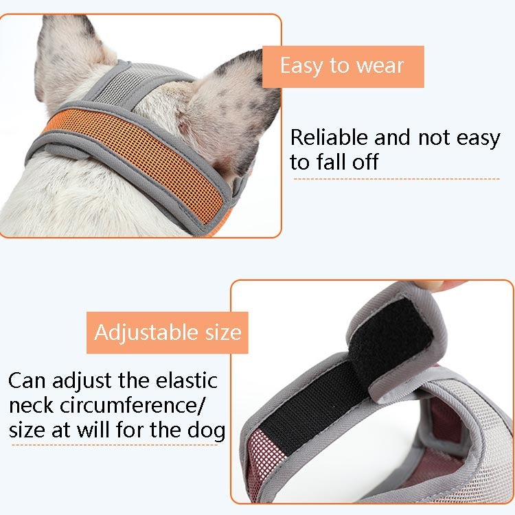 Adjustable gray dog mouth cover with elastic neck strap and mesh design