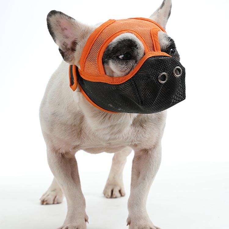 Dog mouth cover muzzle with orange border and black mesh front, snug snout fit.