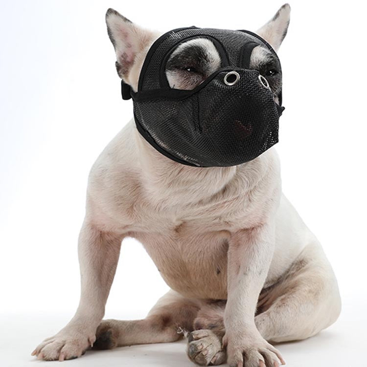 Gray breathable dog mouth cover for flat-faced dogs with mesh muzzle