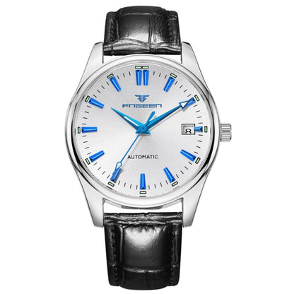 Men's automatic watch with white dial, blue hands, date window, black leather strap