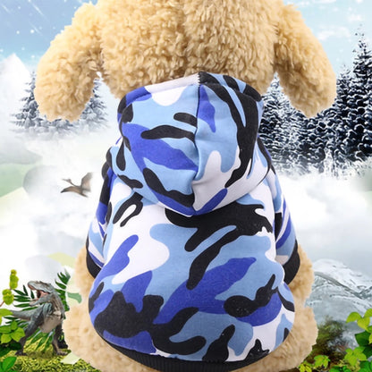 Blue-and-black camouflage hooded dog sweatshirt with front pocket