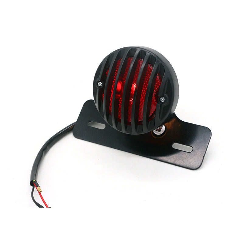 Round black retro tail light with red LED stripes on a black mounting plate