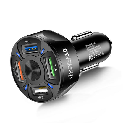 Black 4-USB car charger with four ports and QC 3.0 on the side