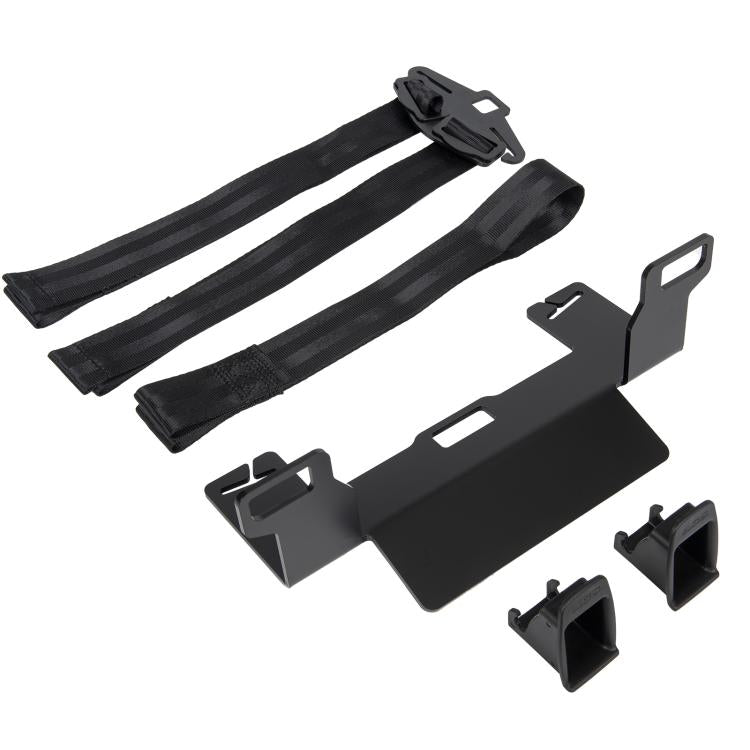 Universal black ISOFIX seat anchor bracket kit with fixed belt straps and latch parts