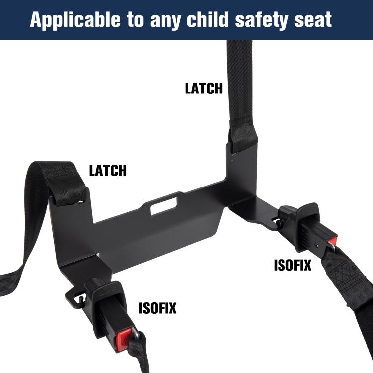 Black ISOFIX and latch interface seat anchoring bracket with connected belt strap