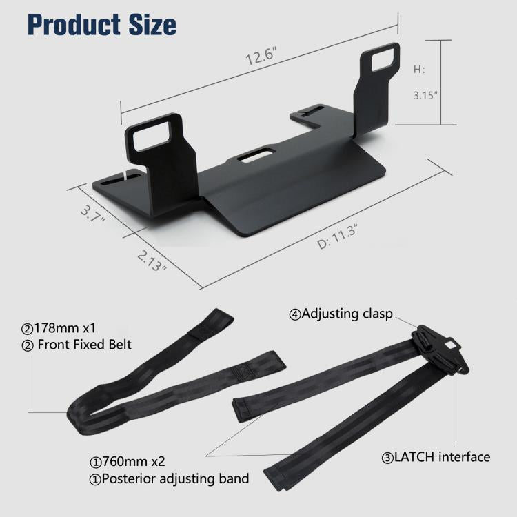Black ISOFIX anchor bracket with two adjustable nylon belt straps and latch interface