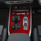 Red carbon-fiber cup holder trim set installed on center console, 3-piece, RHD