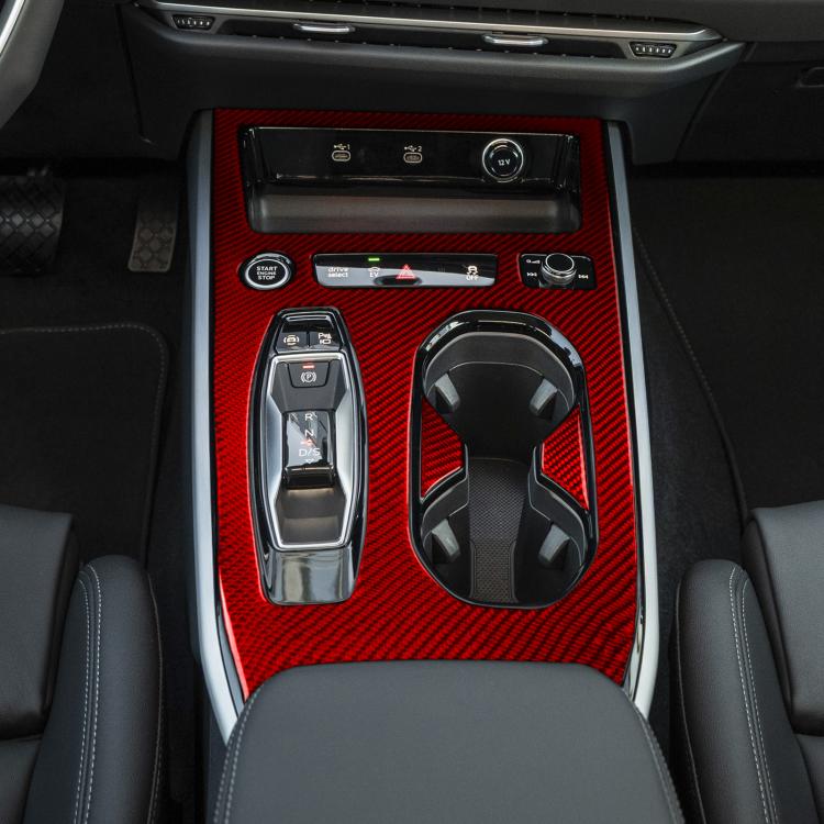Center console with red carbon-fiber cup holder and gear control trim panel