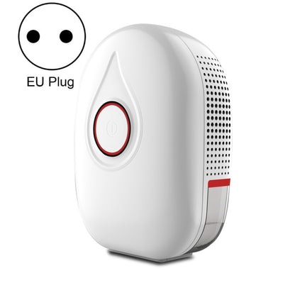 Mini semiconductor dehumidifier with EU plug, red power button, white body.