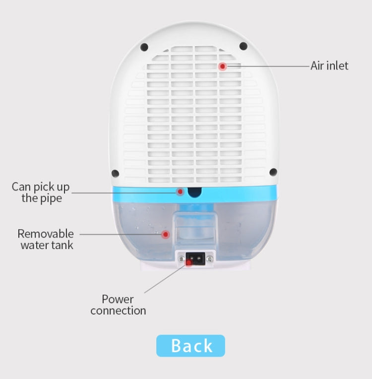 Mini dehumidifier underside view showing removable water tank and power connection port