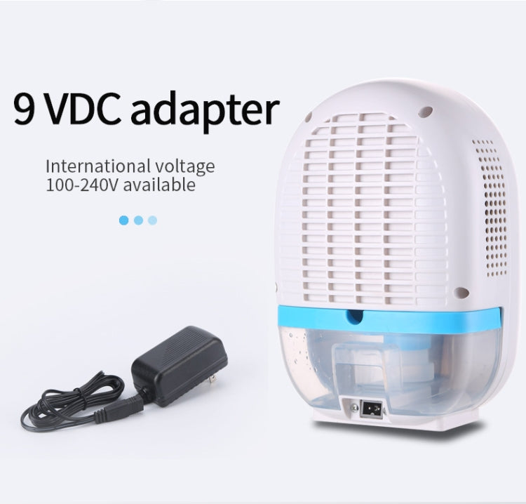 Mini dehumidifier with 9VDC adapter cable and blue bottom water tank window