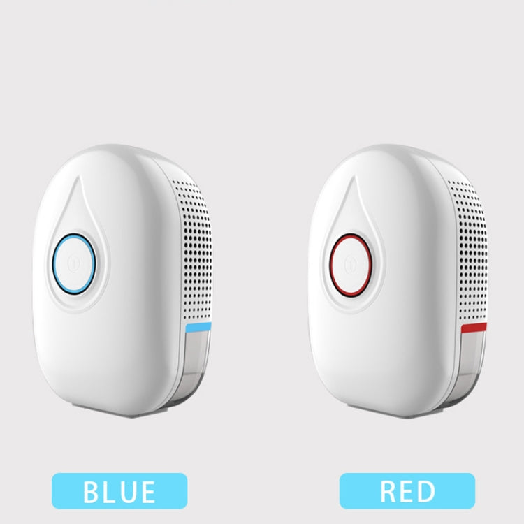 Two mini dehumidifiers in white, blue and red power buttons, vented side grilles.
