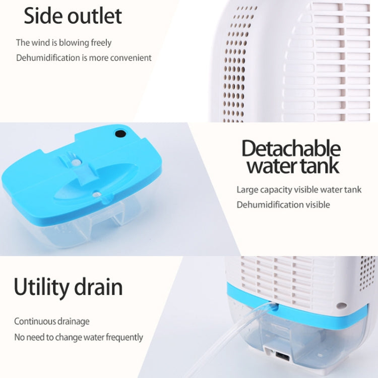Mini dehumidifier with detachable water tank, side outlet vent, and utility drain.