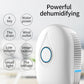 Mini semiconductor dehumidifier with blue power button, drain and airflow feature callouts.